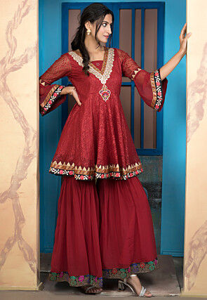 Woven Net Straight Kurta in Maroon
