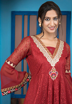 Woven Net Straight Kurta in Maroon