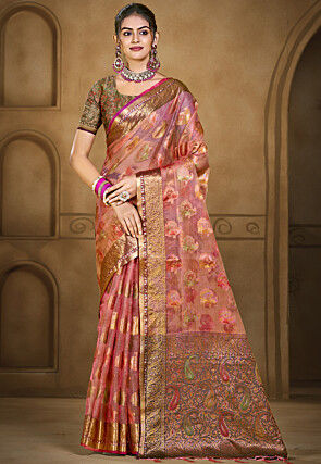 Woven Organza Brasso Saree in Pink