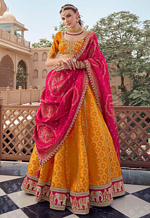 Woven Organza Jacquard Lehenga in Mustard