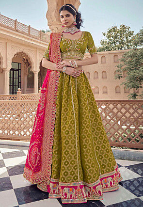 Woven Organza Jacquard Lehenga in Olive Green