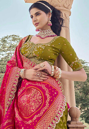 Woven Organza Jacquard Lehenga in Olive Green