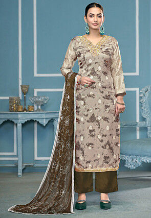 Woven Organza Jacquard Pakistani Suit in Beige