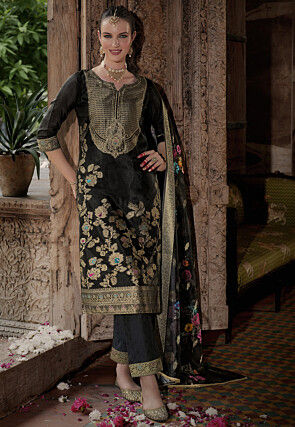 Woven Organza Jacquard Pakistani Suit in Black