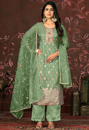 Woven Organza Jacquard Pakistani Suit in Green