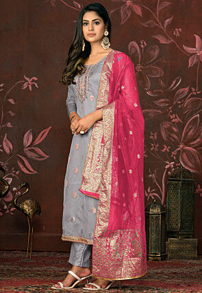 Woven Organza Jacquard Pakistani Suit in Grey