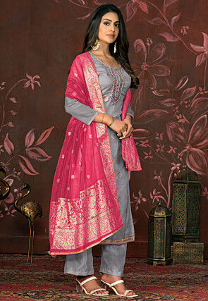 Woven Organza Jacquard Pakistani Suit in Grey