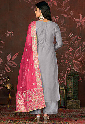 Woven Organza Jacquard Pakistani Suit in Grey
