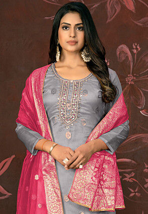 Woven Organza Jacquard Pakistani Suit in Grey