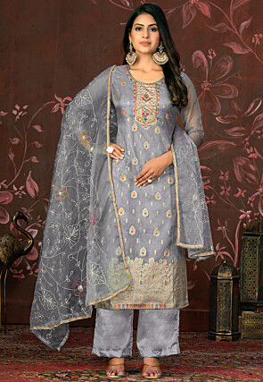 Woven Organza Jacquard Pakistani Suit in Grey