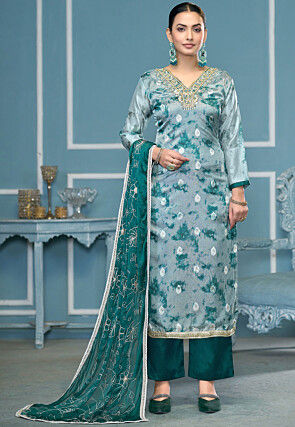 Woven Organza Jacquard Pakistani Suit in Grey