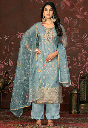 Woven Organza Jacquard Pakistani Suit in Light Blue