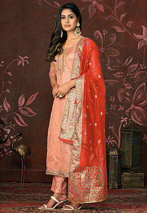 Woven Organza Jacquard Pakistani Suit in Peach