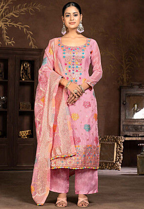 Woven Organza Jacquard Pakistani Suit in Pink
