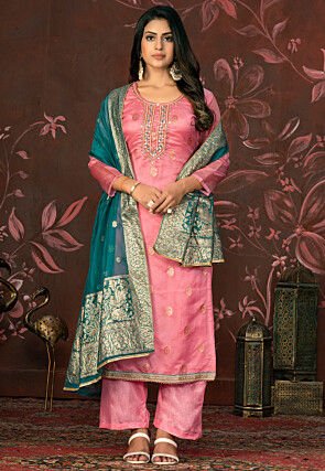 Woven Organza Jacquard Pakistani Suit in Pink