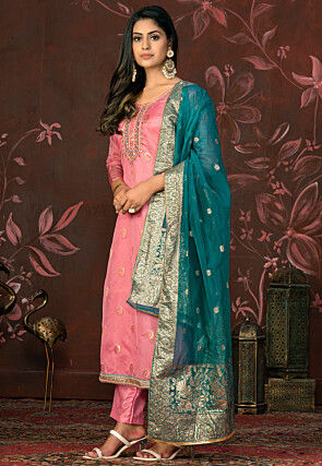 Woven Organza Jacquard Pakistani Suit in Pink