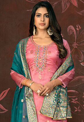 Woven Organza Jacquard Pakistani Suit in Pink