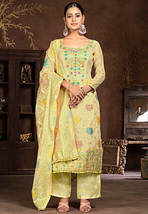 Woven Organza Jacquard Pakistani Suit in Yellow