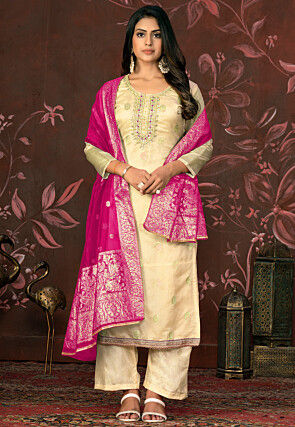 Woven Organza Jacquard Pakistani Suit in Yellow