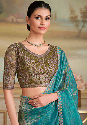Woven Organza Jacquard Saree in Teal Green