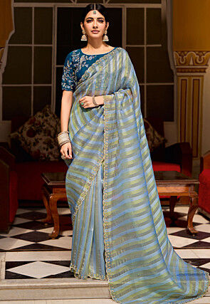 Woven Organza Jacquard Scalloped Saree in Blue