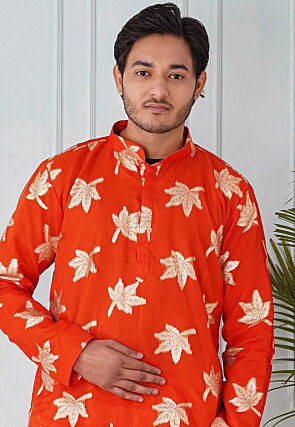Woven Organza Kurta in Orange