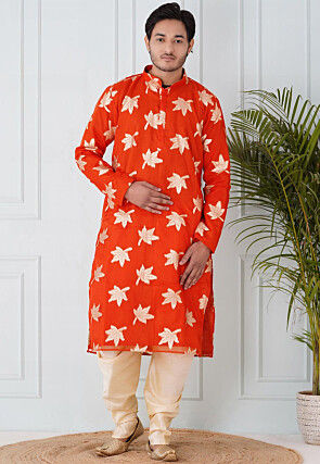 Woven Organza Kurta Set in Orange