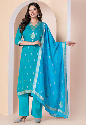 Woven Organza Pakistani Suit in Blue
