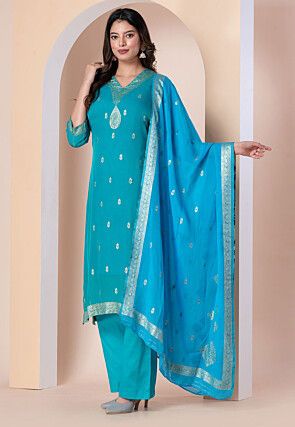 Woven Organza Pakistani Suit in Blue