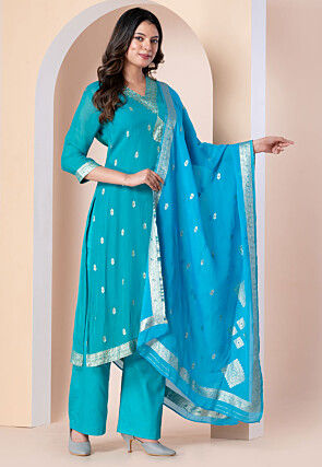 Woven Organza Pakistani Suit in Blue