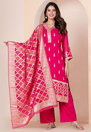 Woven Organza Pakistani Suit in Fuchsia