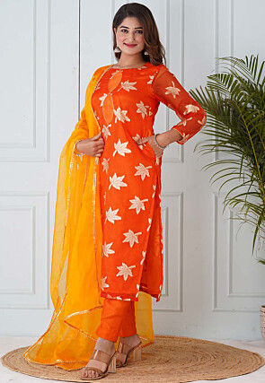 Woven Organza Pakistani Suit in Orange