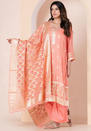 Woven Organza Pakistani Suit in Peach