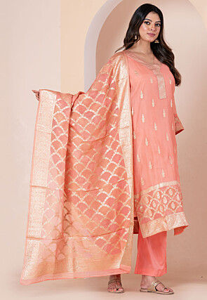 Woven Organza Pakistani Suit in Peach
