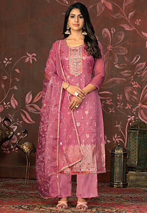 Woven Organza Pakistani Suit in Pink