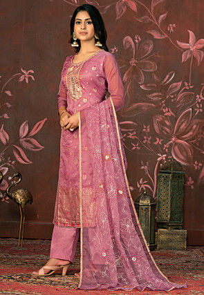 Woven Organza Pakistani Suit in Pink
