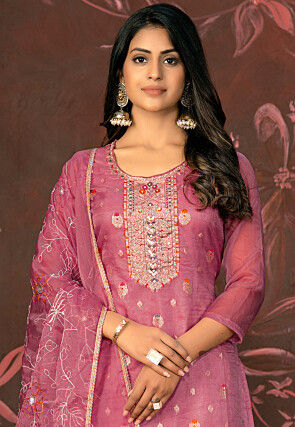 Woven Organza Pakistani Suit in Pink