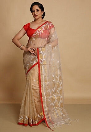 Woven Organza Saree in Beige