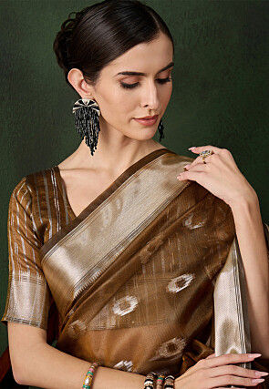 Woven Organza Saree in Brown