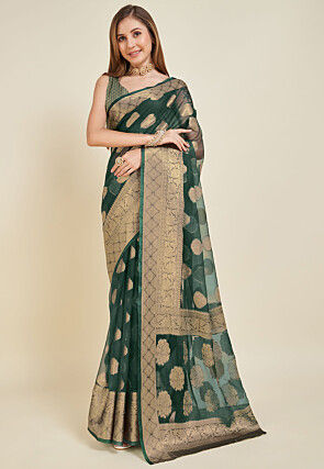 Woven Organza Saree in Dark Green