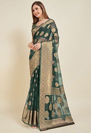 Woven Organza Saree in Dark Green