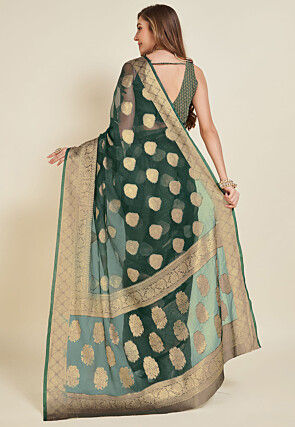 Woven Organza Saree in Dark Green