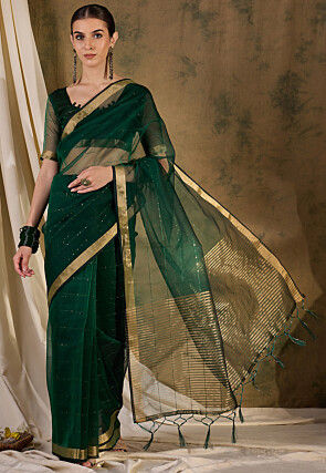 Woven Organza Saree in Dark Green