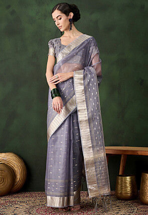 Woven Organza Saree in Grey
