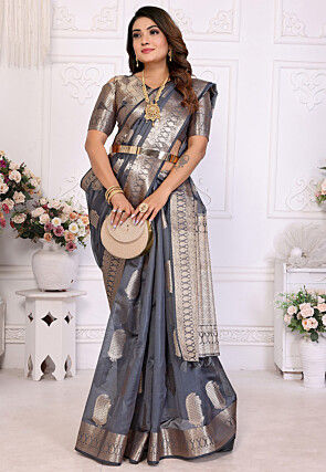 Woven Organza Saree in Grey