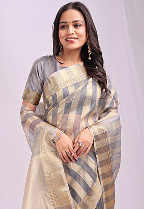 Woven Organza Saree in Grey