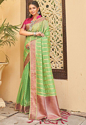 Woven Organza Saree in Light Green and Pink