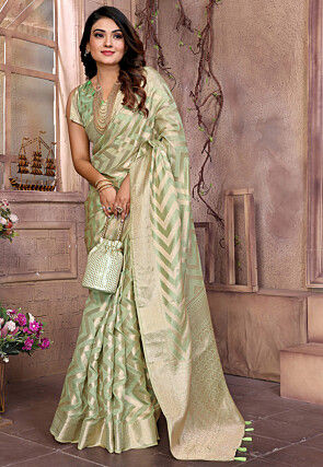 Woven Organza Saree in Light Green