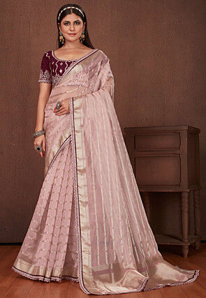 Woven Organza Saree in Light Pink