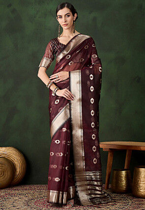 Woven Organza Saree in Maroon